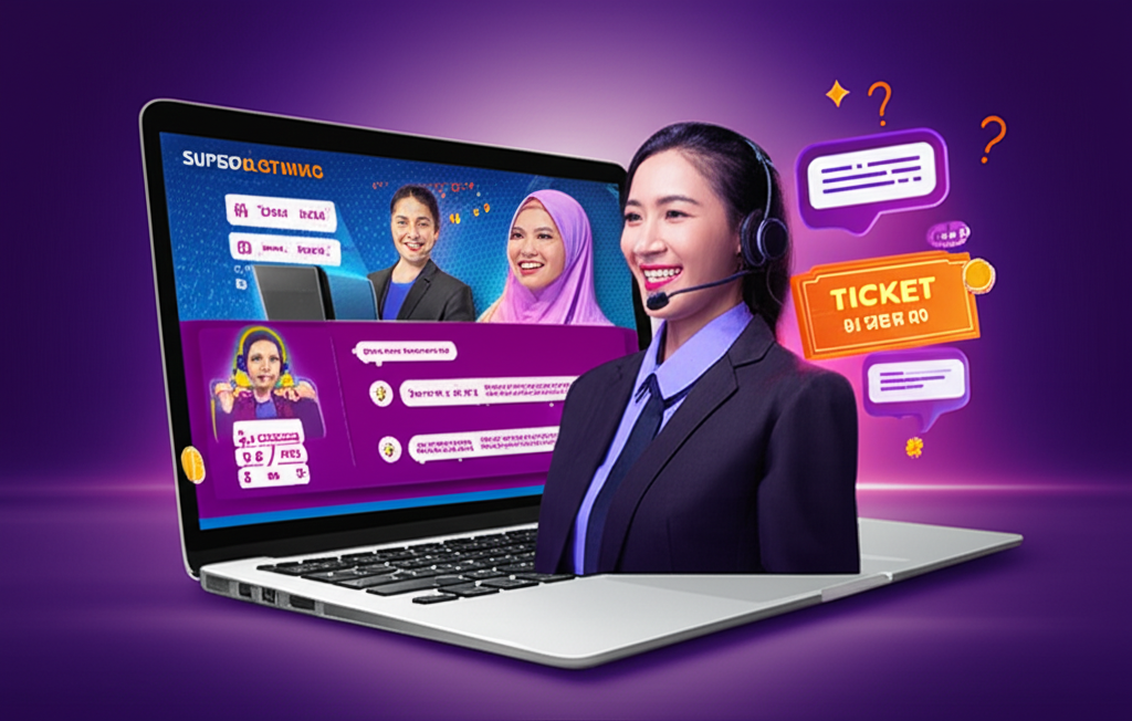 Ilustrasi pemain slot online Indonesia berinteraksi dengan layanan live chat SuperSlotWins untuk melacak status tiket dan follow up masalah dengan layanan pelanggan 24/7