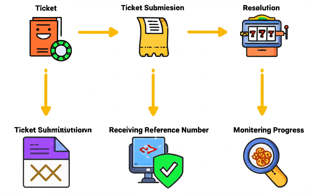 Infografis alur sistem ticketing SuperSlotWins mulai dari pengajuan tiket hingga penyelesaian masalah