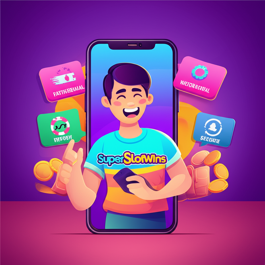 Ilustrasi pemain slot online Indonesia yang senang menggunakan aplikasi SuperSlotWins dengan ikon proses withdrawal cepat dan layanan pelanggan 24/7