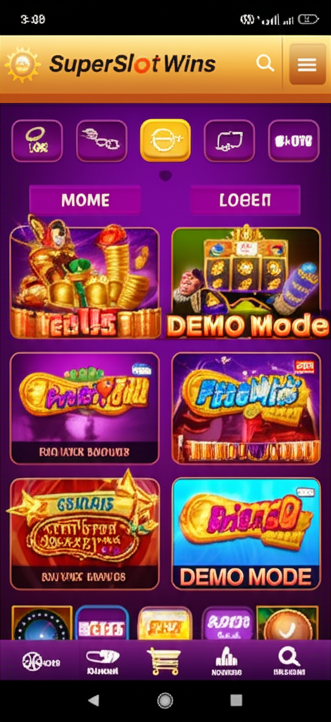 Tampilan antarmuka aplikasi SuperSlotWins yang ramah pengguna dengan fitur setoran dan penarikan otomatis serta mode demo