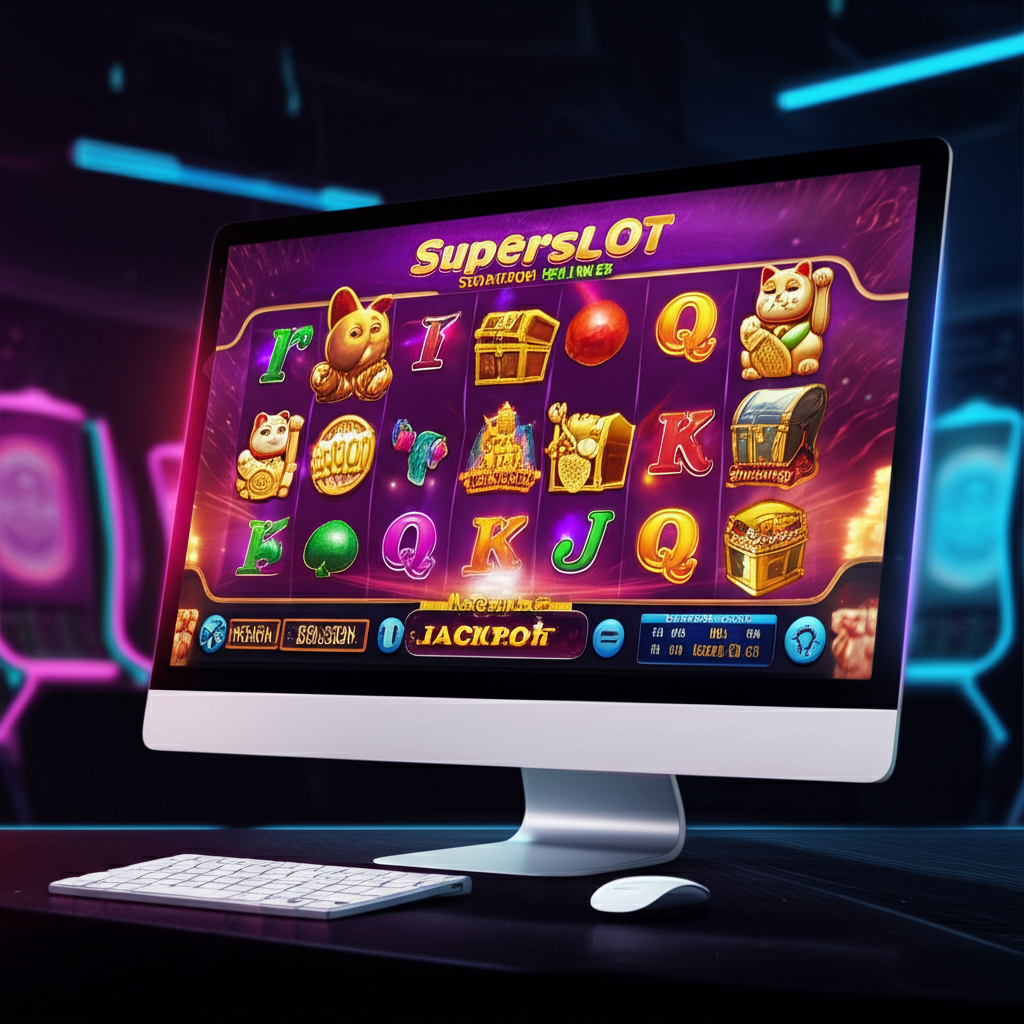 ภาพหน้าจอเกมสล็อตออนไลน์ superslotwins ที่ทันสมัย พร้อมสัญลักษณ์โบนัสและแจ็คพอตในบรรยากาศเกมที่น่าตื่นเต้น