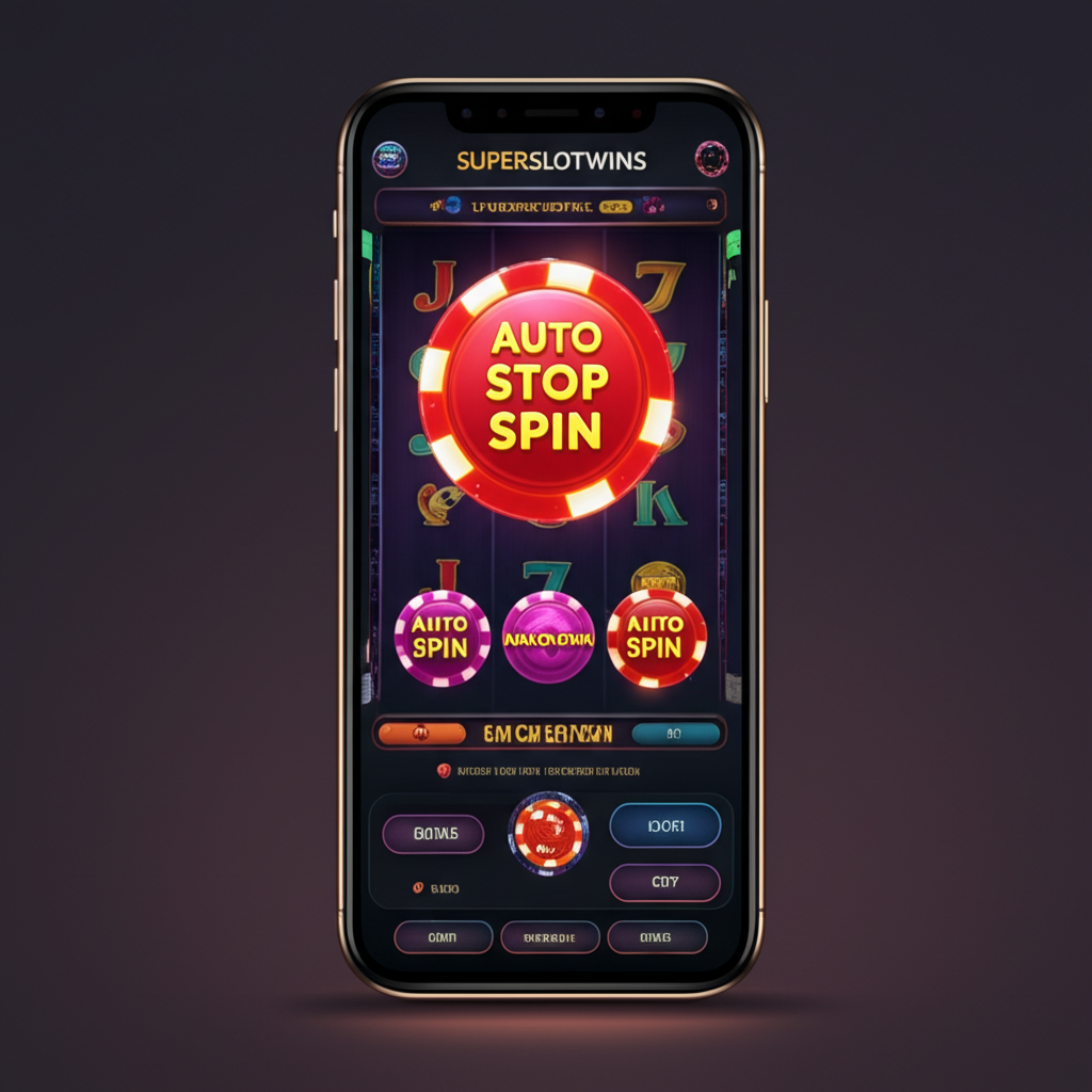 ภาพอินเทอร์เฟซระบบออโต้สปินและกดหยุดหมุนของ superslotwins บนมือถือที่ใช้งานง่ายและทันสมัย