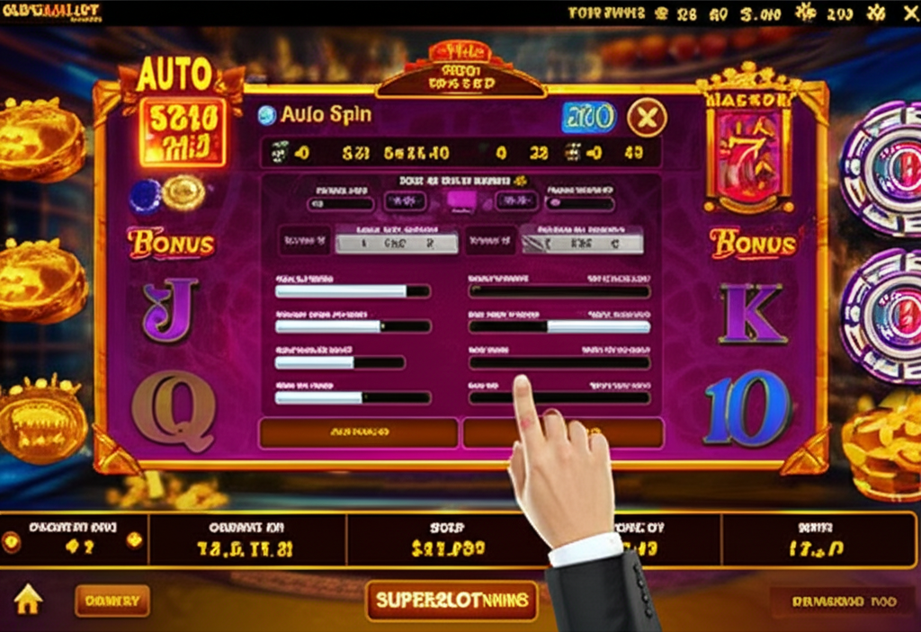 ภาพแสดงการตั้งค่าระบบออโต้สปินใน superslotwins พร้อมฟีเจอร์หยุดอัตโนมัติและการบริหารความเสี่ยง