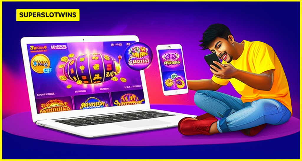 ภาพประกอบแพลตฟอร์มเกมสล็อตออนไลน์ superslotwins แสดงเกมสล็อต Betflix และค่ายดัง พร้อมผู้เล่นมือใหม่ที่สนุกกับการเล่นเกม