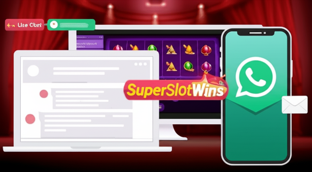 Ilustrasi layanan customer support SuperSlotWins dengan live chat, email, dan WhatsApp di platform permainan slot online