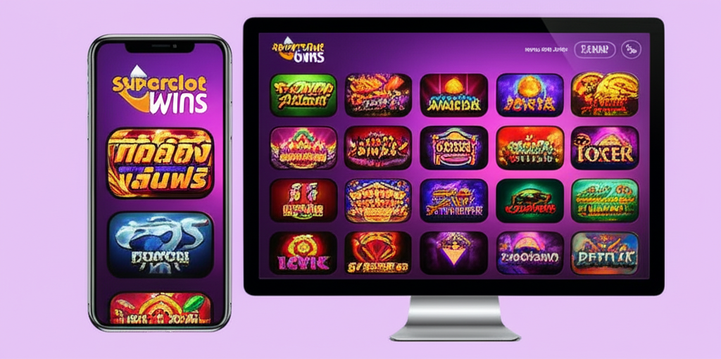 ภาพหน้าจอระบบทดลองเล่นสล็อตฟรีของ superslotwins บนมือถือและคอมพิวเตอร์ แสดงเมนูเลือกค่ายเกมและเครดิตทดลองเล่น