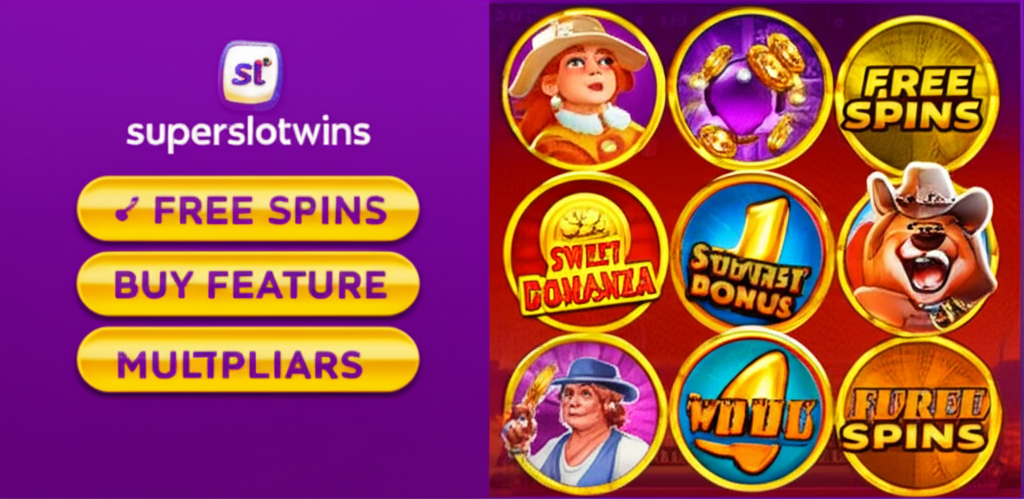ภาพประกอบสล็อตฟีเจอร์พิเศษ superslotwins แสดงฟรีสปิน ตัวคูณ และฟีเจอร์ซื้อฟรีสปิน