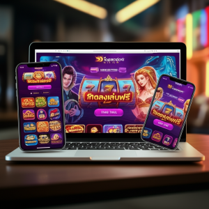 ภาพหน้าจอแพลตฟอร์ม superslotwins แสดงเกมสล็อตออนไลน์และปุ่มทดลองเล่นฟรี พร้อมผู้เล่นที่มีความมั่นใจในการเล่นเกม