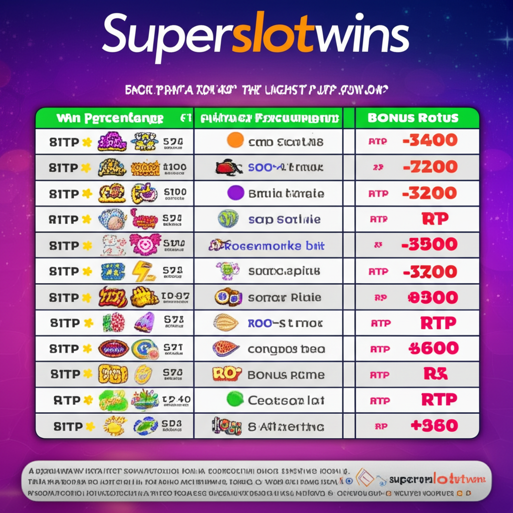 ตารางเปรียบเทียบเปอร์เซ็นต์ชนะและโบนัสของเกม superslotwins ยอดนิยมที่มี RTP สูงและโบนัสแตกบ่อย