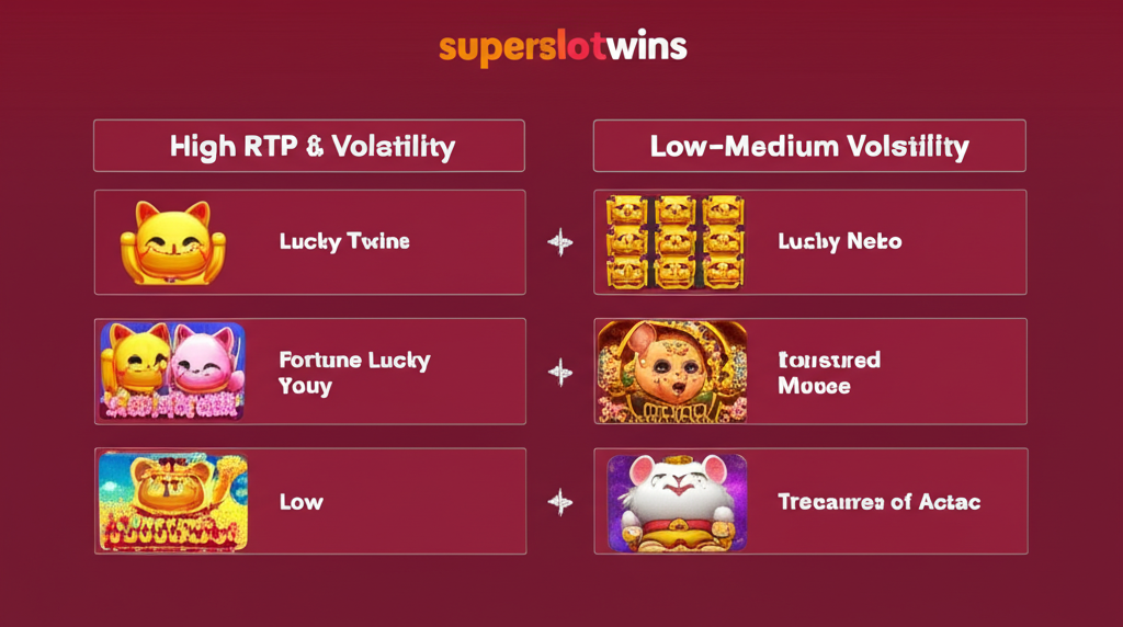 ตารางเปรียบเทียบการเลือกเกมแรกที่ superslotwins โดยดูจากค่า RTP และความผันผวน พร้อมตัวอย่างเกมแตกง่ายสำหรับมือใหม่