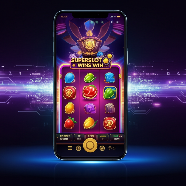 ภาพมือถือแสดงเกมสล็อต superslotwins พร้อมไอคอนโบนัสและกราฟิกเทคโนโลยี AI ล่าสุดปี 2025