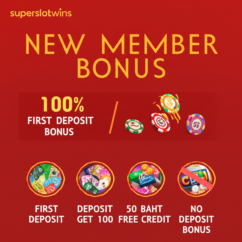 อินโฟกราฟิกแสดงโปรโมชั่นโบนัสสมาชิกใหม่ superslotwins เช่น โบนัสฝากครั้งแรก 100%, ฝาก 10 รับ 100, เครดิตฟรี 50 บาท และโบนัสไม่ต้องฝาก