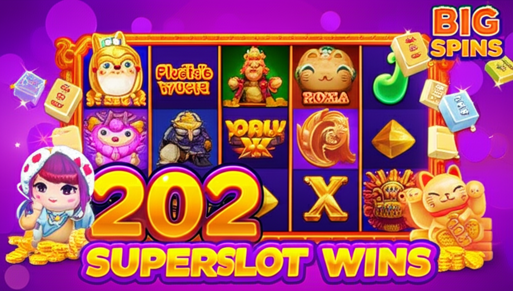 รีวิวเกมสล็อตใหม่ล่าสุดปี 2025 ในระบบทดลองเล่น superslotwins แสดงเกม Plushie Wins, Roma X, Treasures of Aztec, Mahjong Ways และ Lucky Neko พร้อมสัญลักษณ์โบนัส
