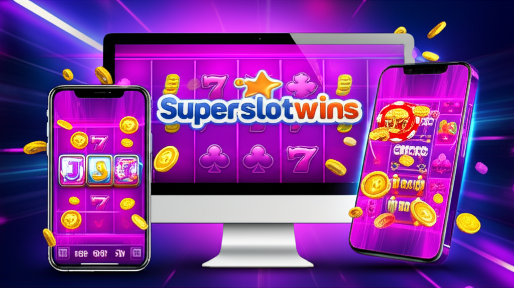 ภาพประกอบสมัยใหม่แสดงเกมสล็อตออนไลน์ superslotwins บนคอมพิวเตอร์และมือถือ พร้อมโลโก้ superslotwins และสัญลักษณ์แจ็คพอต