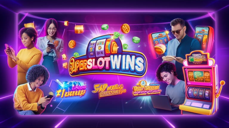 ภาพประกอบผู้เล่นเกมสล็อตออนไลน์ superslotwins ที่มีความสนุกและเทคโนโลยีทันสมัย พร้อมโลโก้ superslotwins และฟีเจอร์โบนัสแตกบ่อย