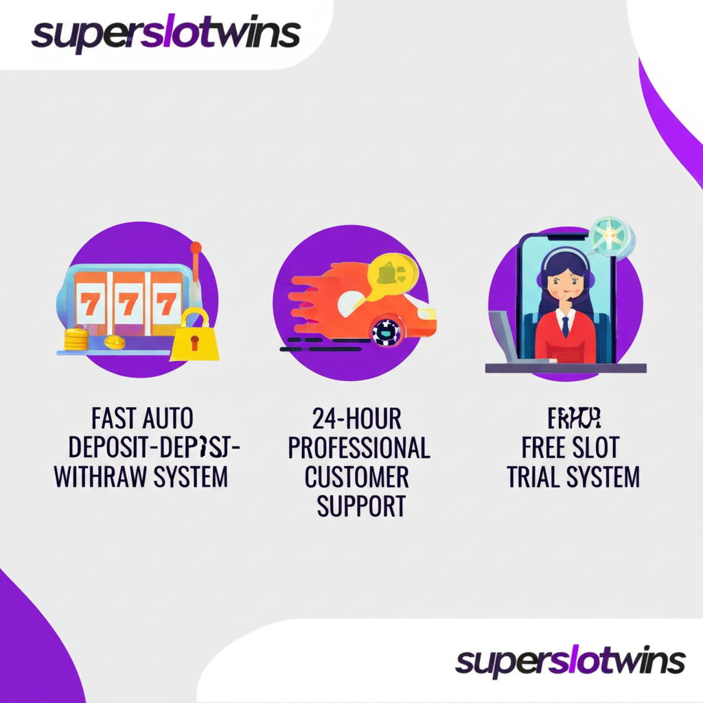 ภาพแสดงจุดเด่นของ superslotwins เช่น ระบบฝาก-ถอนออโต้ รวดเร็ว ปลอดภัย และบริการลูกค้า 24 ชั่วโมง