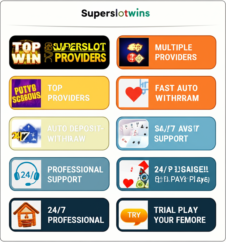 อินโฟกราฟิกแสดงฟีเจอร์เด่นของ superslotwins เช่น ระบบฝาก-ถอนออโต้, ทดลองเล่นฟรี และบริการลูกค้า 24 ชั่วโมง