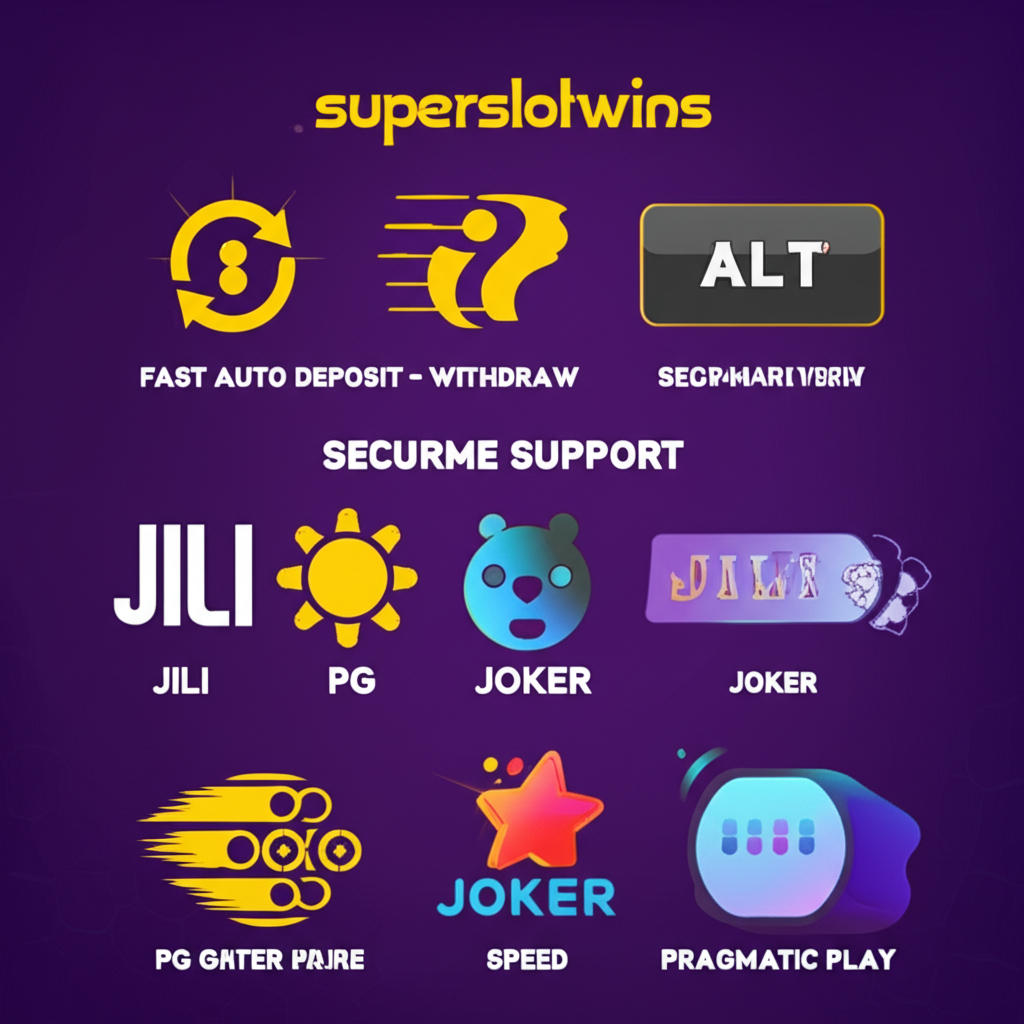 แผนผังแสดงฟีเจอร์แพลตฟอร์ม superslotwins เช่น ระบบฝาก-ถอนออโต้, บริการลูกค้า 24 ชั่วโมง และค่ายเกมชั้นนำ