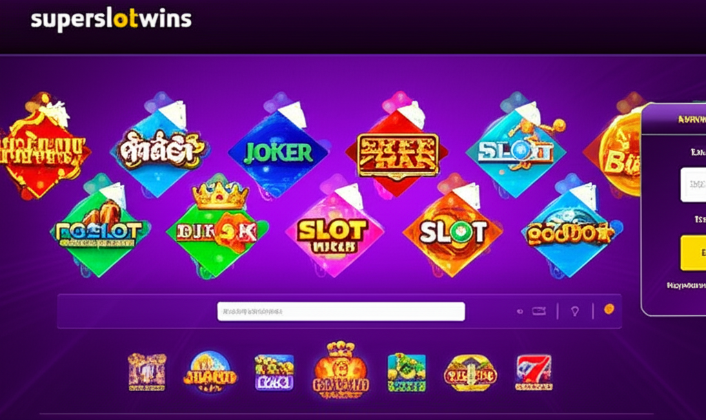 ภาพหน้าจอแพลตฟอร์ม superslotwins แสดงเกมสล็อตออนไลน์และแบบฟอร์มสมัครสมาชิกที่รวดเร็วและปลอดภัย