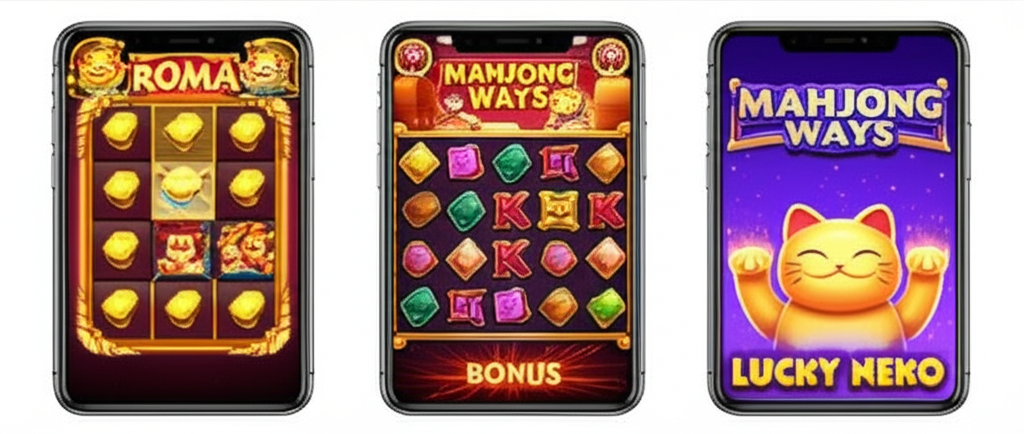 ตัวอย่างเกมสล็อตยอดนิยมใน superslotwins เช่น Roma, Mahjong Ways, Lucky Neko พร้อมฟีเจอร์โบนัส