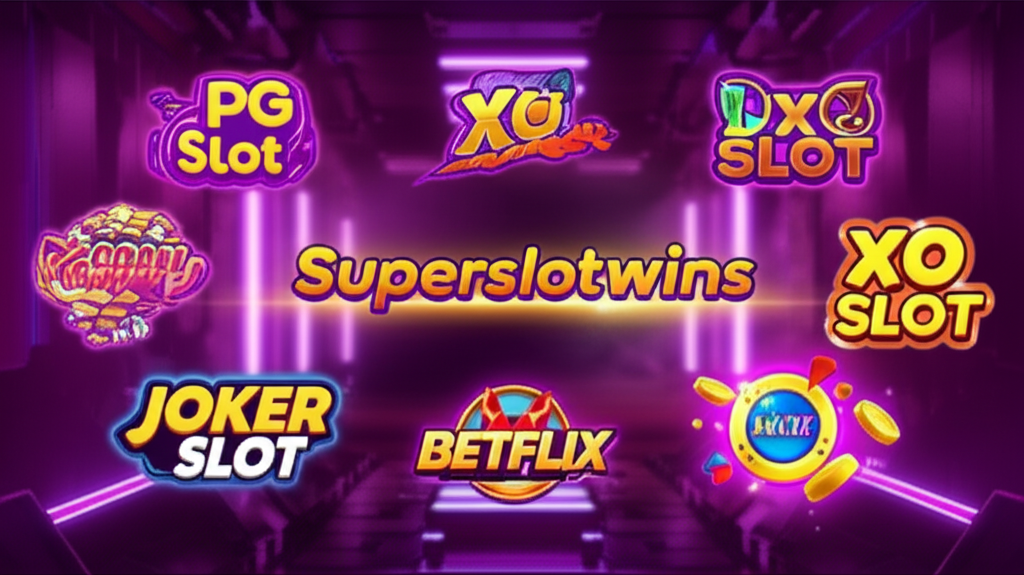 ภาพประกอบแสดงโลโก้ค่ายเกมสล็อตยอดฮิต PG Slot, Joker Slot, XO Slot และ Betflix รอบโลโก้ superslotwins บนพื้นหลังทันสมัยและมีแสงนีออน