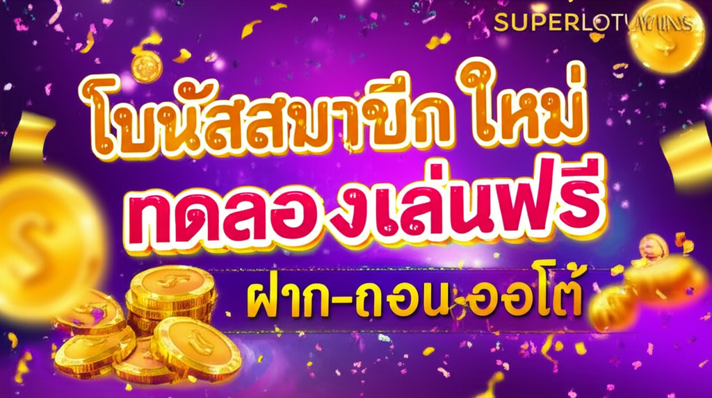ภาพแบนเนอร์โปรโมชั่น superslotwins แสดงโบนัสสมาชิกใหม่ ทดลองเล่นฟรี และระบบฝาก-ถอนออโต้