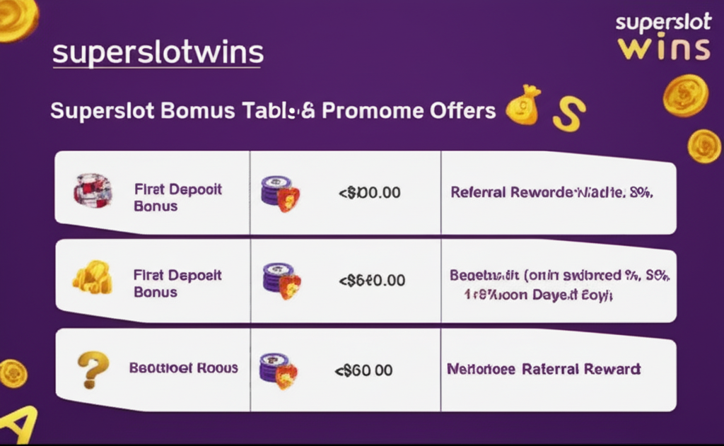ตารางเปรียบเทียบโปรโมชั่น superslotwins ที่เหมาะสำหรับมือใหม่ พร้อมไอคอนและรายละเอียดโบนัส