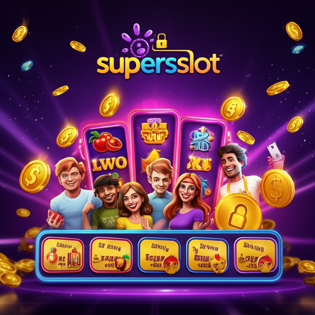 ภาพหน้าจอแพลตฟอร์ม superslotwins แสดงเกมสล็อตออนไลน์และโปรโมชั่นโบนัสสมาชิกใหม่ พร้อมสัญลักษณ์ความปลอดภัยและผู้เล่นที่มีความสุข
