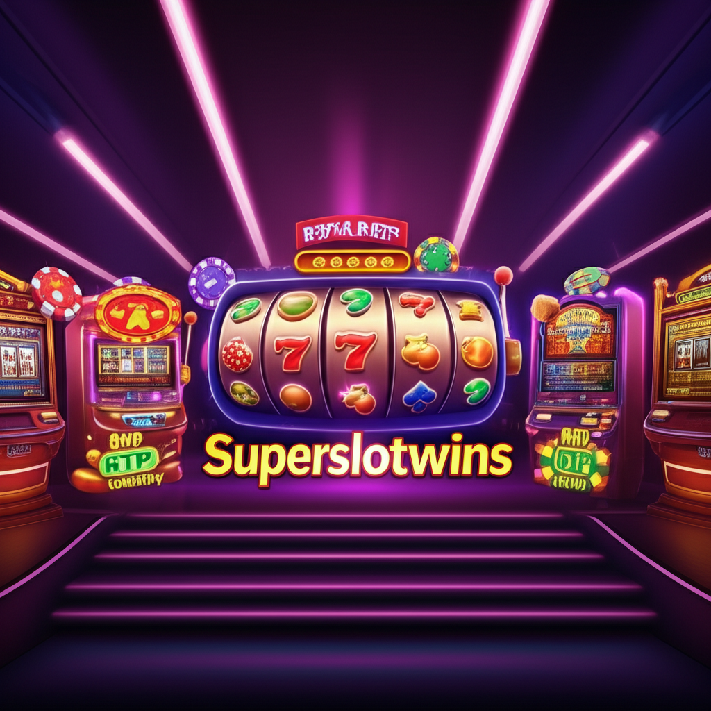 ภาพประกอบสมัยใหม่ของเกมสล็อตออนไลน์พร้อมสัญลักษณ์ RTP และความผันผวน เน้นแบรนด์ superslotwins ในปี 2025