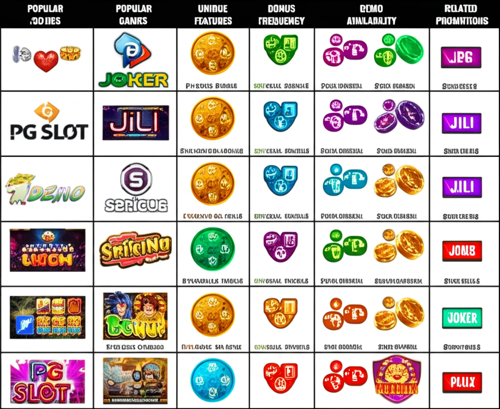ตารางเปรียบเทียบคุณสมบัติเด่นของเกมสล็อตจากค่าย PG SLOT, JILI, Joker และ Betflix บน superslotwins