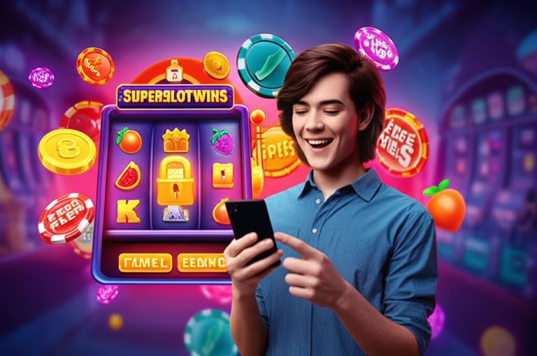 ภาพผู้เล่นมือใหม่กำลังเล่นเกมสล็อต superslotwins บนมือถือ พร้อมสัญลักษณ์สล็อตสีสันสดใสและอินเทอร์เฟซคาสิโนออนไลน์ที่ทันสมัยและปลอดภัย