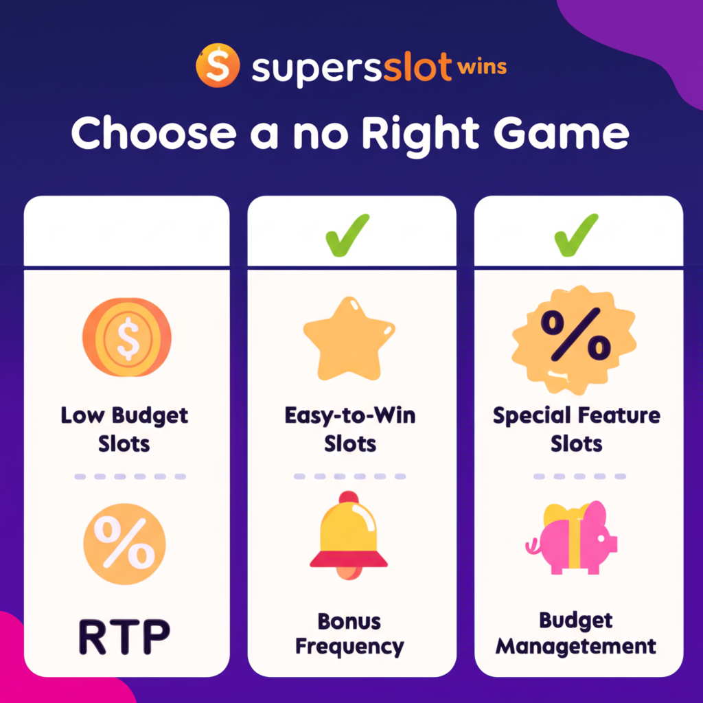 ภาพคู่มือเลือกเกมสล็อต superslotwins ตามสไตล์การเล่นและงบประมาณ เช่น สล็อตทุนน้อย สล็อตแตกง่าย และสล็อตฟีเจอร์พิเศษ