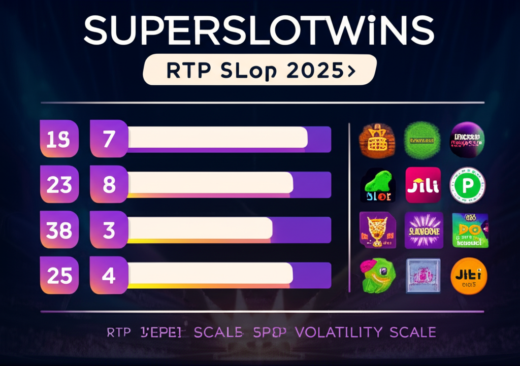 อินโฟกราฟิกแสดงกลยุทธ์การเลือกเกมสล็อต superslotwins ปี 2025 โดยเน้นค่า RTP, ความผันผวน และค่ายเกมชั้นนำ