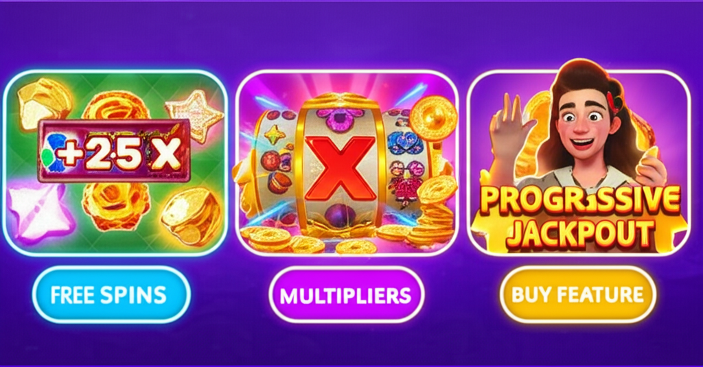 ภาพประกอบฟีเจอร์พิเศษในเกมสล็อต superslotwins เช่น ฟรีสปิน ตัวคูณ แจ็คพอตโปรเกรสซีฟ และฟีเจอร์ซื้อโบนัส ที่ช่วยเพิ่มโอกาสชนะ
