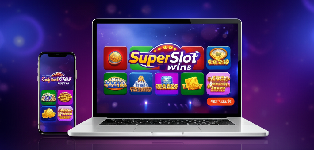 หน้าจอแพลตฟอร์ม superslotwins แสดงระบบทดลองเล่นสล็อตออนไลน์ พร้อมโลโก้ superslotwins และปุ่มทดลองเล่นฟรี