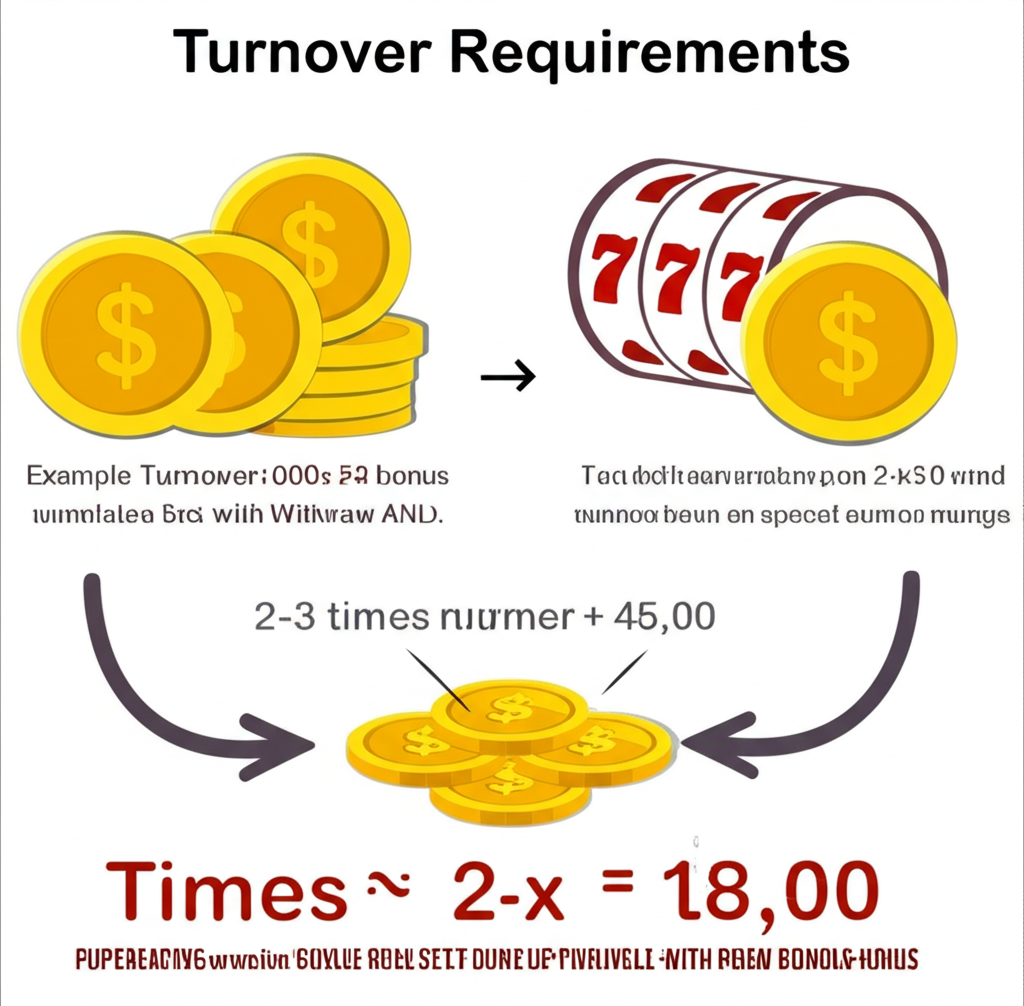 แผนภาพอธิบายเงื่อนไขยอดเทิร์นโอเวอร์ superslotwins พร้อมตัวอย่างการคำนวณและวิธีทำยอดเทิร์นเพื่อถอนเงินโบนัส