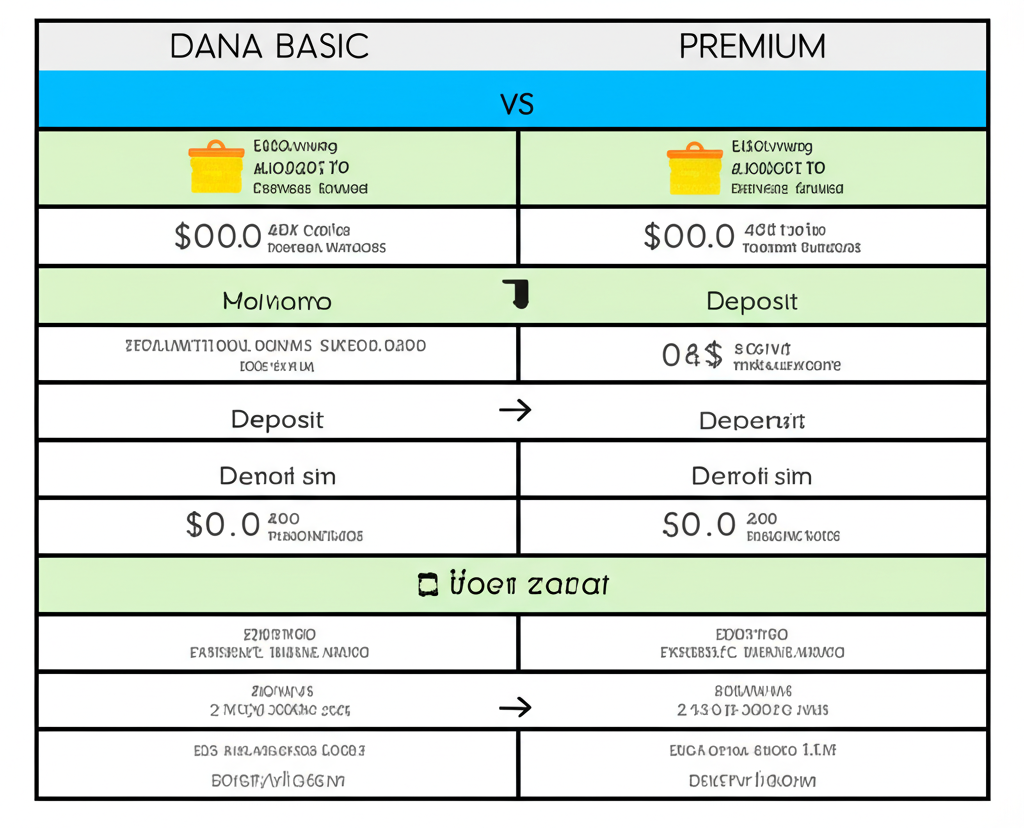 Tabel perbandingan limit akun DANA Basic dan Premium dengan detail batas transaksi harian dan bulanan