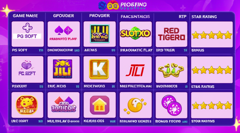 ตารางเปรียบเทียบเกมสล็อตแตกง่ายบน superslotwins ปี 2025 แสดงชื่อเกม ค่าย RTP เดิมพันขั้นต่ำ และฟีเจอร์โบนัส