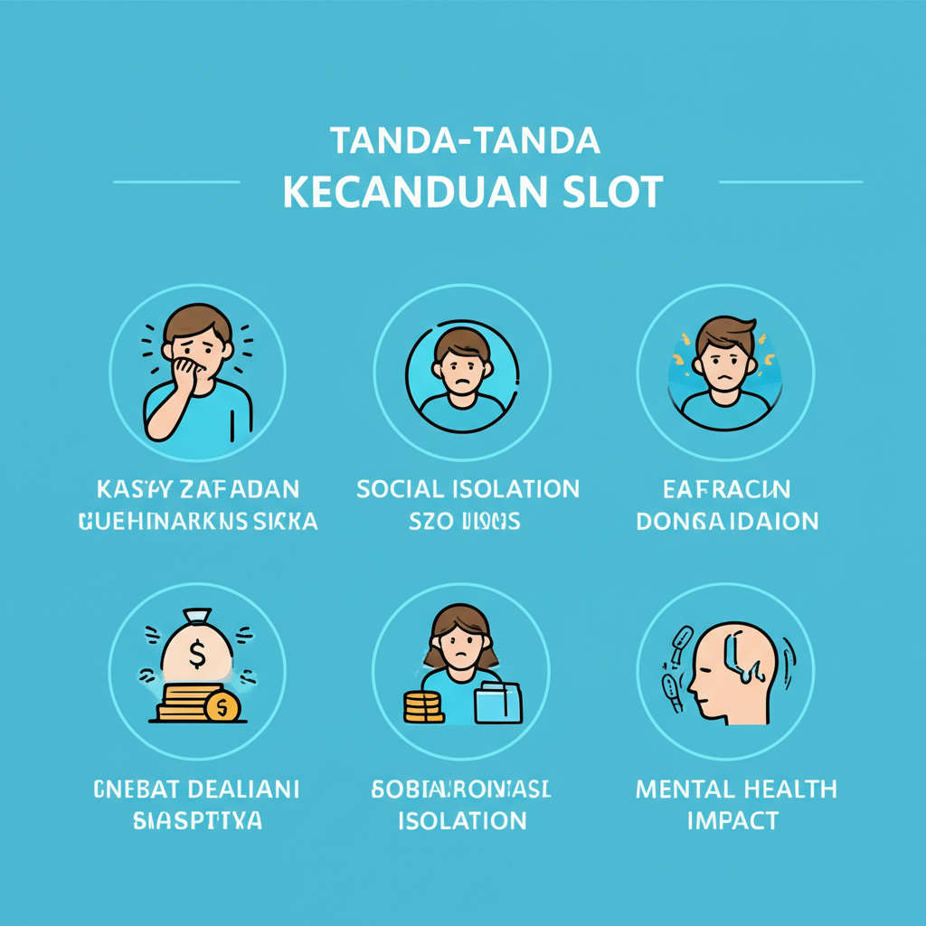 Infografis tanda-tanda kecanduan slot online termasuk stres, kerugian finansial, isolasi sosial, dan dampak kesehatan mental.
