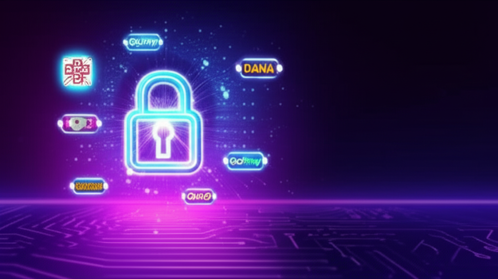 Ilustrasi keamanan transaksi enkripsi di situs slot online dengan ikon pembayaran digital Indonesia seperti QRIS, DANA, OVO, dan GoPay