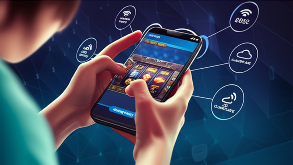 Ilustrasi tips optimasi koneksi internet untuk game slot online di smartphone dengan WiFi 5GHz, DNS cepat, dan mode game aktif