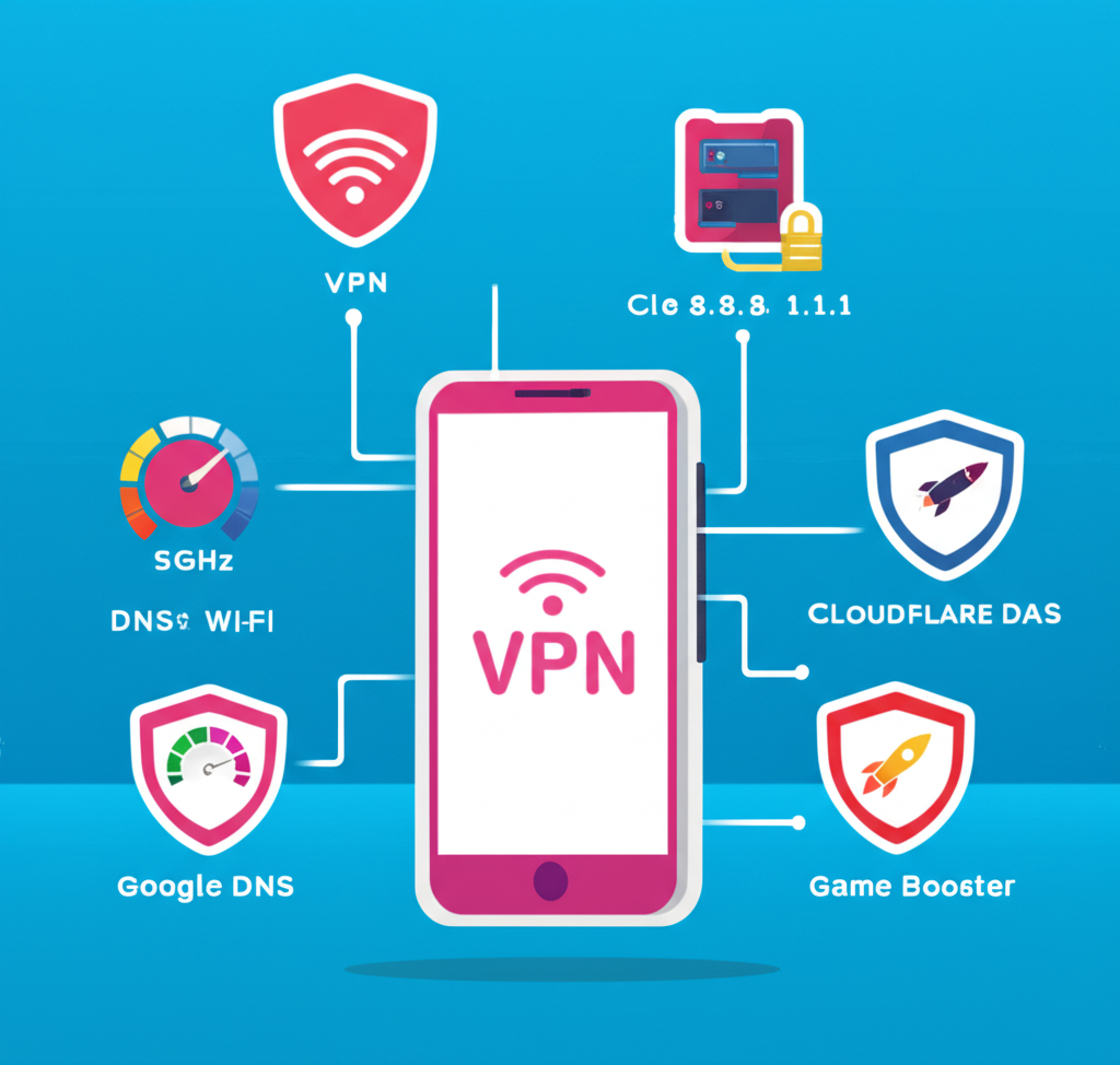 Ilustrasi tips optimasi koneksi internet untuk slot online anti lag menggunakan DNS cepat, WiFi 5GHz, VPN gaming, dan aplikasi booster.
