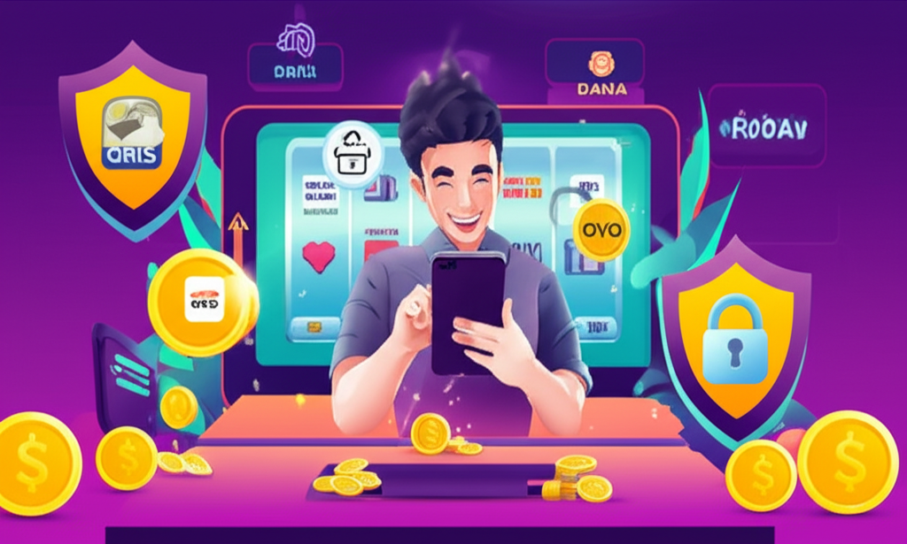 Ilustrasi pemain slot online Indonesia yang aman melakukan penarikan dana dengan metode pembayaran digital terpercaya dan fitur keamanan