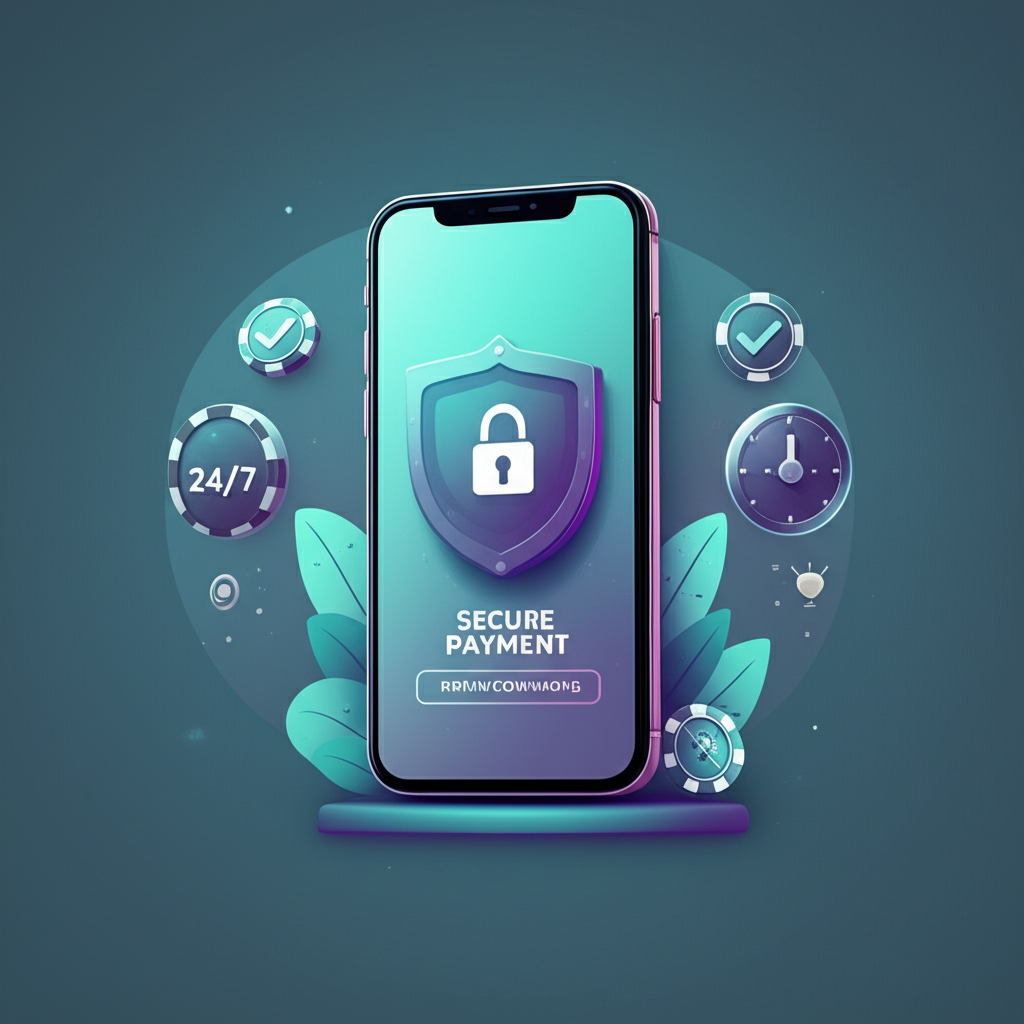 Ilustrasi sistem transaksi otomatis yang cepat dan aman untuk pemain slot online dengan ikon keamanan dan layanan 24/7