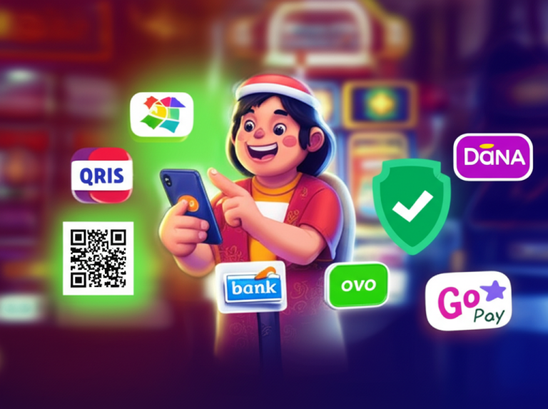Ilustrasi pemain slot online Indonesia yang senang menggunakan metode transfer bank dan dompet digital dengan simbol keamanan transaksi
