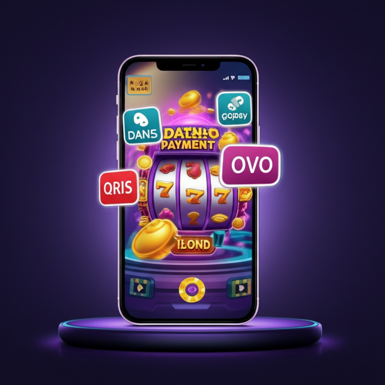 Ilustrasi metode pembayaran digital populer di Indonesia untuk slot online tahun 2025 dengan ikon QRIS, DANA, OVO, Gopay dan layar smartphone menampilkan permainan slot