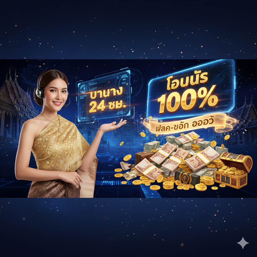优势图片重点突出“Bonus New Member 100”和“Fast Payout”及“客服”。构图分为两个主要部分:左侧是一个穿着泰国传统服饰(或带有泰式花纹)的客服人员(女性为佳)面带微笑,带着耳机提供服务,旁边有“บริการ 24 ชม.”的泰文。右侧是一个堆满了钞票和金币的场景,上方有一个巨大的“Bonus 100%”的数字,并有一条闪烁的“Fast Payout / ฝาก-ถอน ออโต้”的动线,强调资金的流动性和丰厚的奖励。风格豪华,强调用户体验和奖励力度。