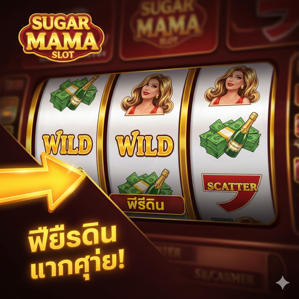 功能特性图，重点展示Sugar Mama Slot的关键游戏机制。画面主体应是游戏界面的放大特写，特别突出'Wild'符号（Sugar Mama女士）和'Scatter'符号（如一叠现金或香槟酒瓶），以及'Free Spin'的字样。背景模糊处理，但能看出是老虎机的卷轴。ใน前景的左侧或右侧，用一个闪烁的图标或箭头指向Free Spin功能，并配上泰语文字如 'ฟรีสปิน แตกง่าย!' (Free Spin แตกง่าย!)。色彩鲜艳，以红色และ金色为主，强调中奖和刺激感。构图为信息图表风格，将重要元素以高对比度突出。