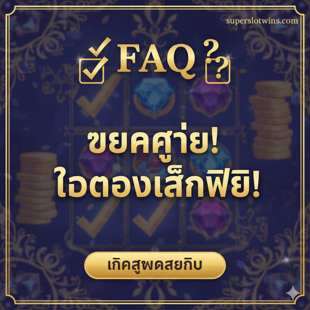 总结图，重点展示常见问题解答和行动呼吁。设计成一个醒目的'FAQ'或'Conclusion'卡片，卡片上有两个对勾符号（✅）和问号符号（❓）。画面中央是核心信息，如 'แตกง่าย! ทดลองเล่นฟรี!' (易爆奖！免费试玩！)。底部有一个醒目的泰语按钮，上书 'คลิกสมัครสมาชิก' (点击สมัครสมาชิก)。背景可以采用Sugar Mama Slot游戏中的豪华元素（如钻石或金边），但需半透明化处理，确保前景文字清晰可读。整体色彩应具有强烈的对比度（如金色文字配深色背景），以便用户快速聚焦于结论和下一步行动。