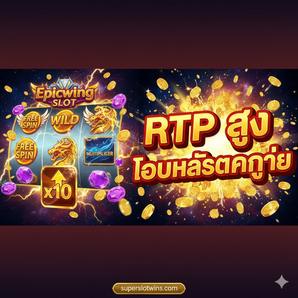 设计一张突出游戏功能和高赔率的图片。画面左侧是'Epicwing Slot'的游戏界面截图或模拟图，重点展示'Free Spin'、'Wild'符号和'Multiplier'（乘数）等核心功能图标。右侧或中心位置用大型、醒目的大语文字展示 'RTP สูง' (高RTP) 和 'โบนัสแตกง่าย' (奖金易爆) 的概念，并配以爆炸的金币效果和闪爍的钻石元素。色彩使用鲜艳的红、黄、金，强调盈利和兴奋感。